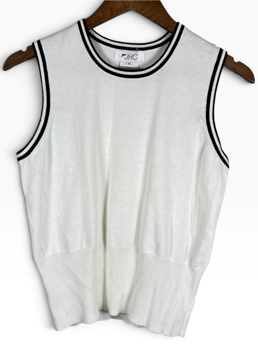 Vintage JHC White Black Trim Sleeveless Sweater Top Women Size Medium Tennis 90s